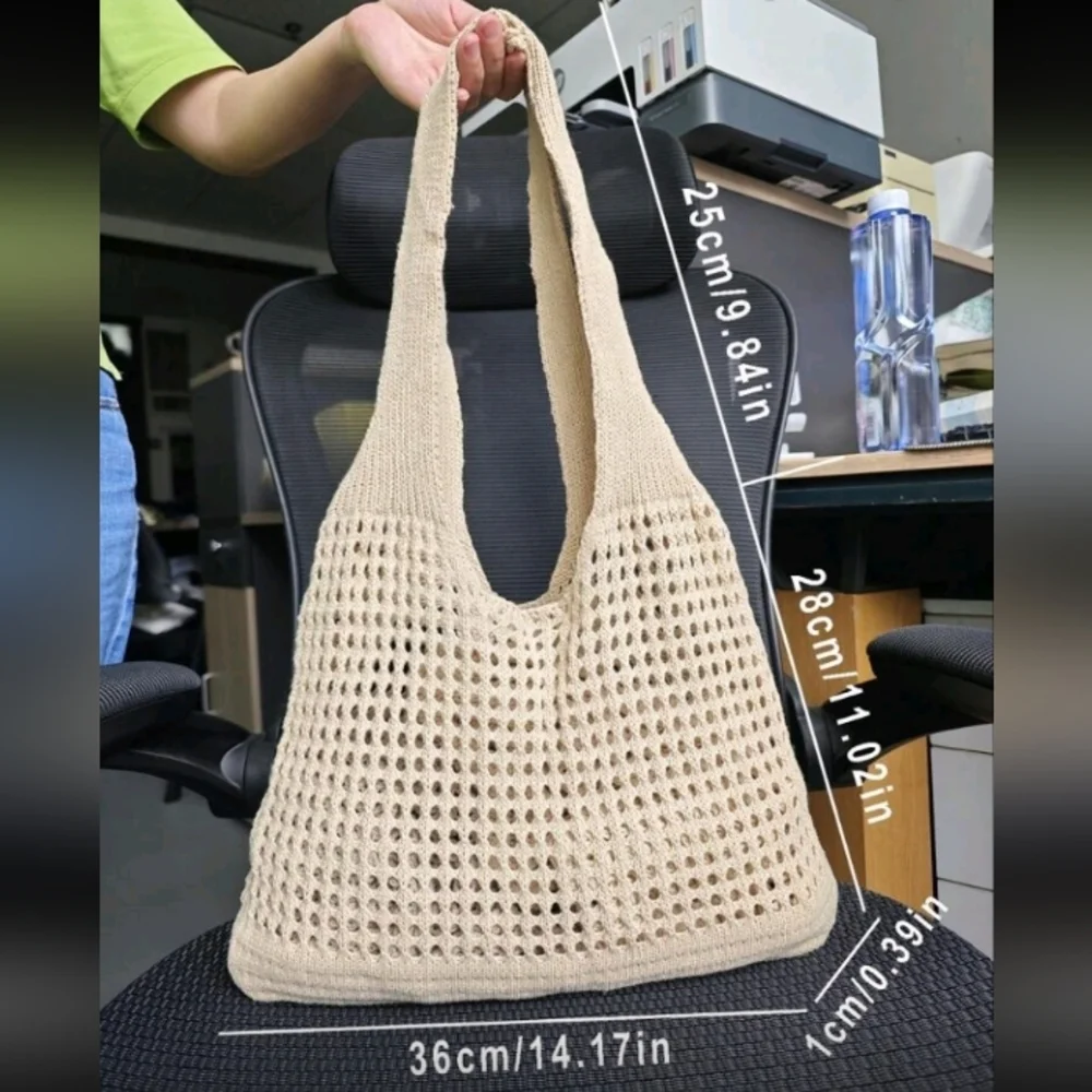 Boho Crochet Apricot Cream Tote Shoulder Bag Beach Bag